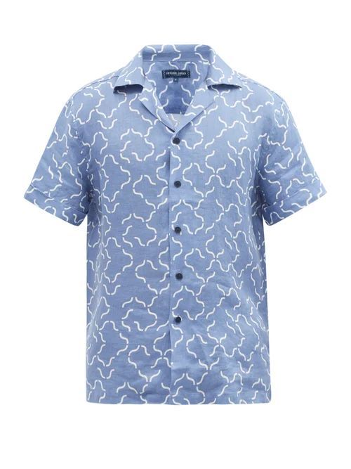 Frescobol Carioca - Cuban-collar Tile-print Short-sleeved Linen Shirt - Mens - Light Blue