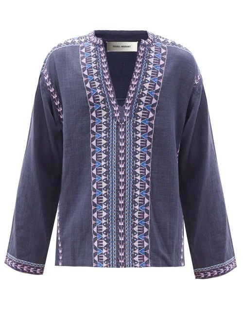 Isabel Marant - Ikariah Embroidered Notch-neck Cotton Shirt - Mens - Dark Blue