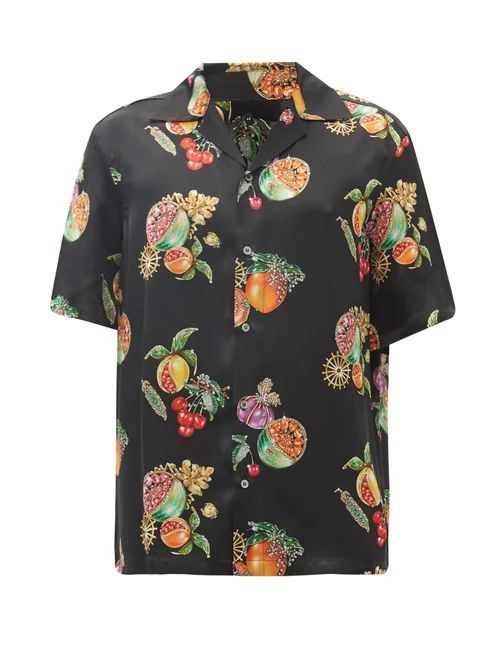 Edward Crutchley - Cuban-collar Fruit-print Silk-satin Shirt - Mens - Black Multi