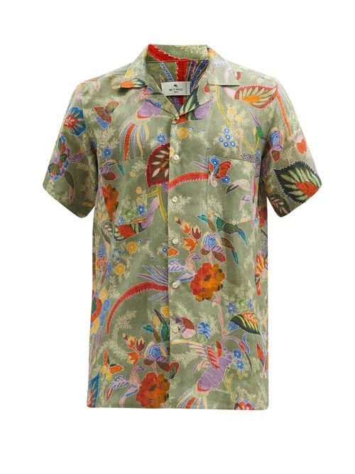 Etro - Cuban-collar Bird-print Linen Shirt - Mens - Green Multi