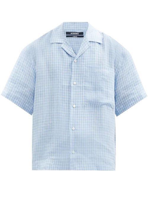 Jacquemus - Short-sleeved Checked Linen Shirt - Mens - Blue