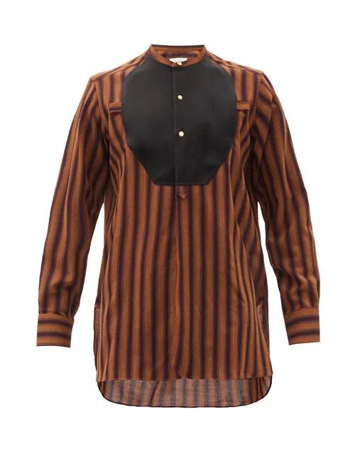 Kingston Contrast-bib Striped Wool Shirt - Mens - Brown