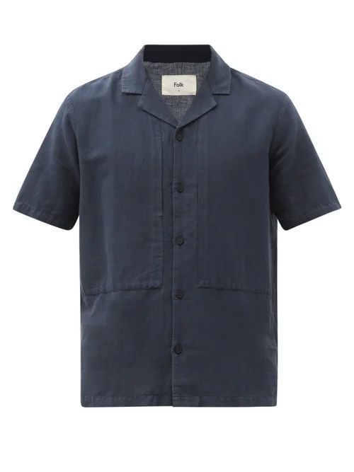 Folk - Cuban-collar Linen-blend Shirt - Mens - Navy