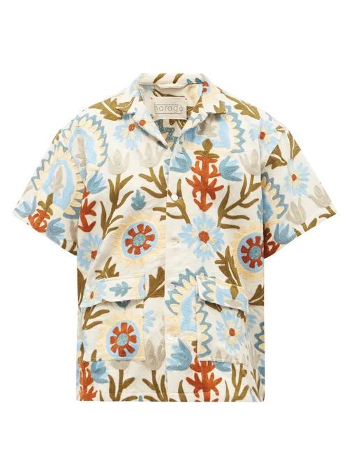 Leaf-appliqué Cotton-canvas Shirt - Mens - Multi