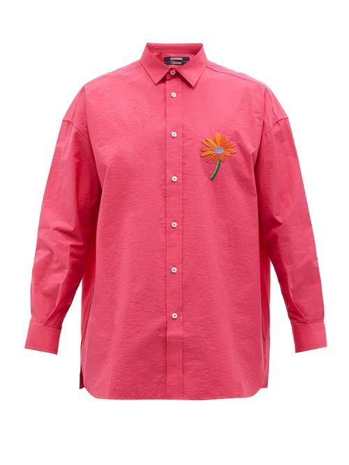 Floral-appliqué Cotton-blend Poplin Shirt - Mens - Pink