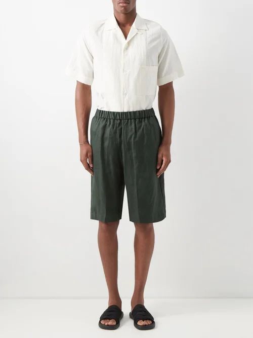 Elasticated-waist Linen Shorts - Mens - Green