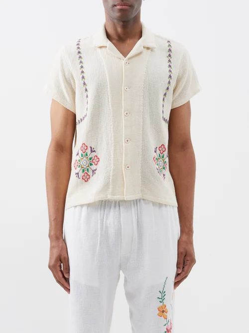 Floral Cross-stitched Cotton Shirt - Mens - White Multi