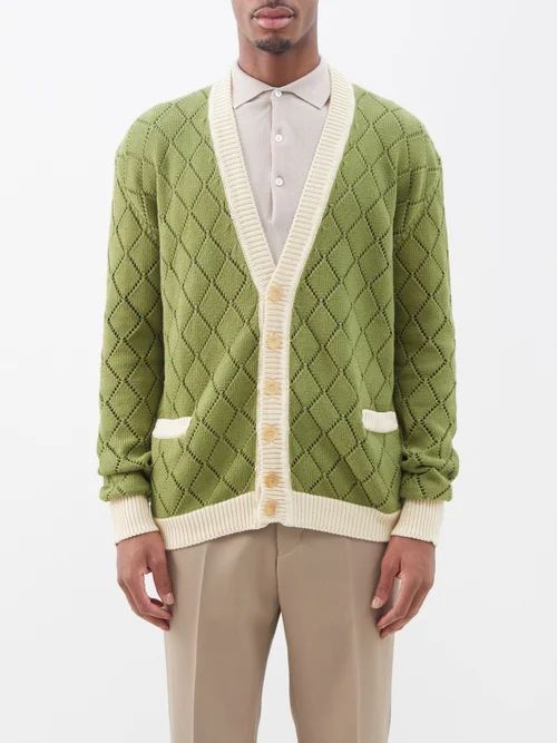 James Open-work Cotton Cardigan - Mens - Green Multi