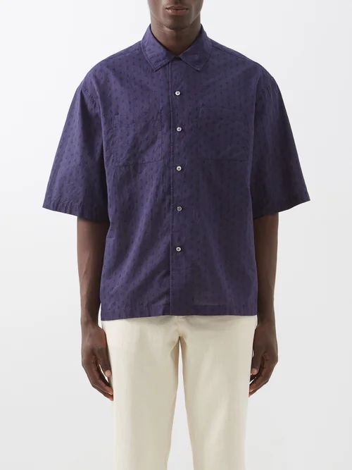Geometric-print Cotton-blend Voile Shirt - Mens - Navy