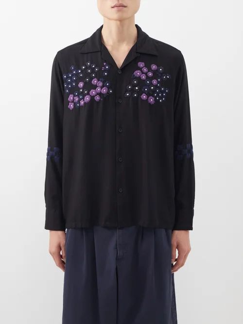 Floral-embroidered Fluid Shirt - Mens - Black