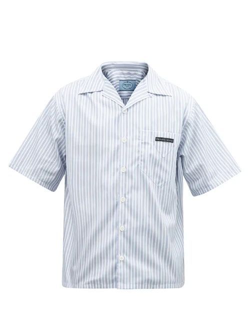 Logo-tab Stripe Cotton Short-sleeve Shirt - Mens - Blue
