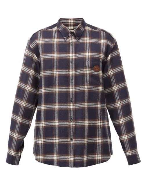 Logo-patch Checked Wool-flannel Shirt - Mens - Blue