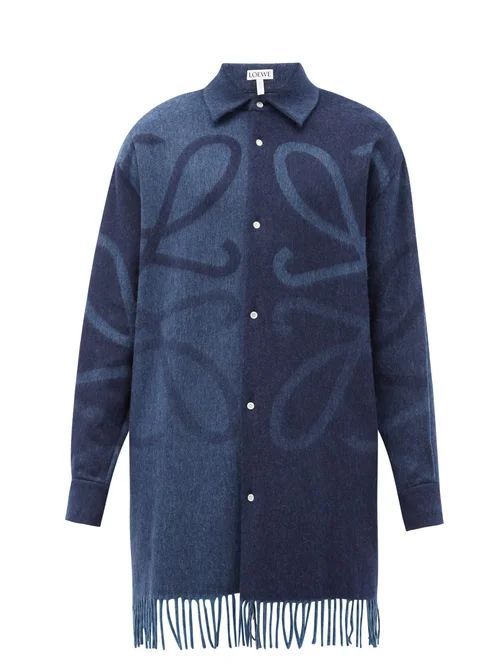 Loewe - Anagram-jacquard Fringed Wool-blend Flannel Shirt - Mens - Navy