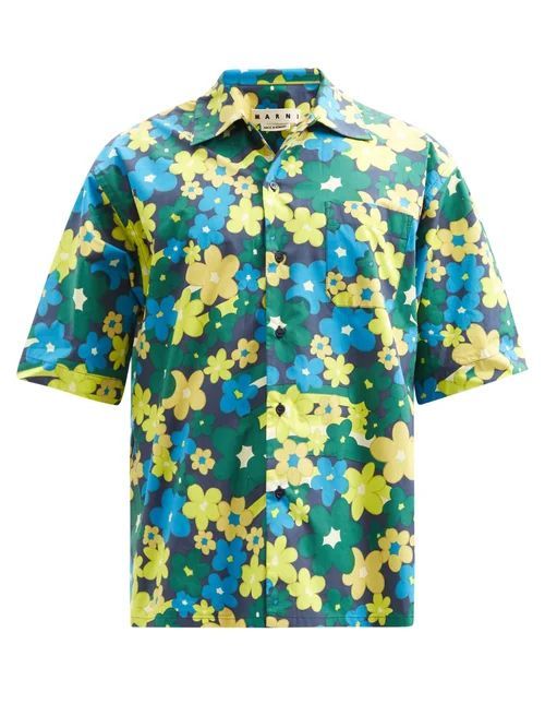 Marni - Short-sleeved Floral-print Cotton-poplin Shirt - Mens - Blue Multi