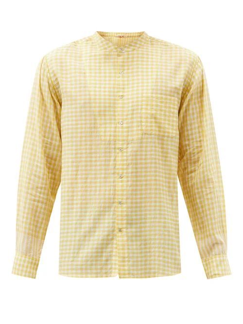 Péro - Collarless Check Cotton Shirt - Mens - Yellow