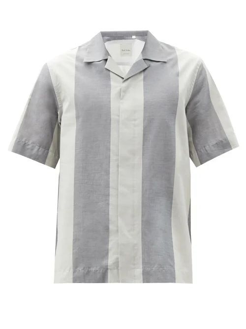 Paul Smith - Cuban-collar Striped Cotton Shirt - Mens - Grey Multi