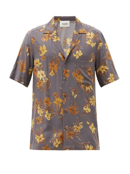 Nanushka - Venci Cuban-collar Lily-print Crepe Shirt - Mens - Navy Multi