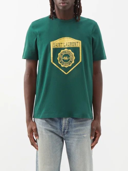 Logo-print Distressed-edge Cotton T-shirt - Mens - Green Multi