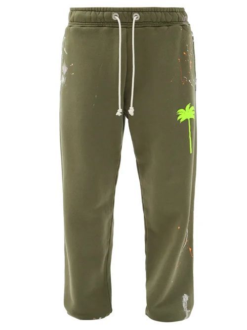 Paint-splatter Cotton-jersey Track Pants - Mens - Khaki Multi