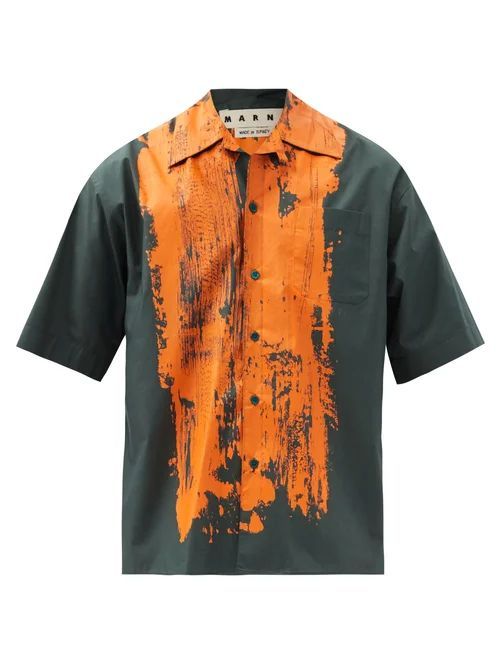 Marni - Brush-print Cotton-poplin Cuban-collar Shirt - Mens - Green Multi
