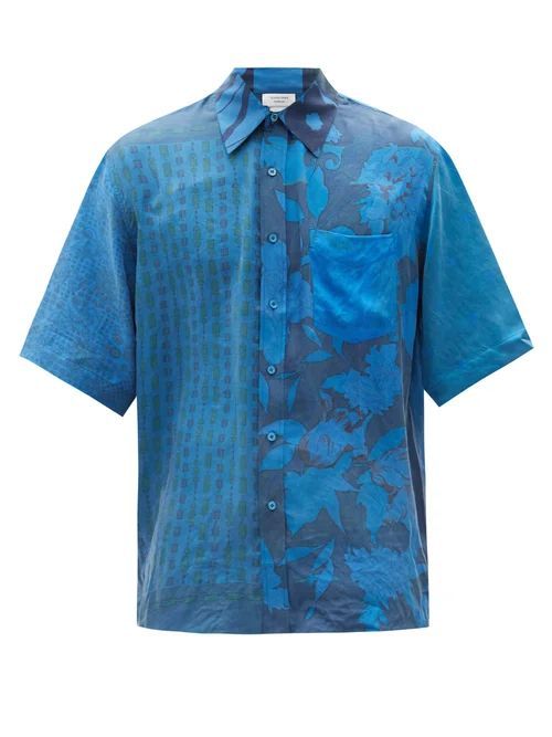 Marine Serre - Patchwork Upcycled Silk Shirt - Mens - Blue