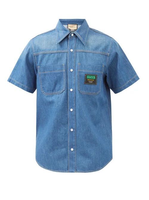 Logo-patch Denim Shirt - Mens - Blue