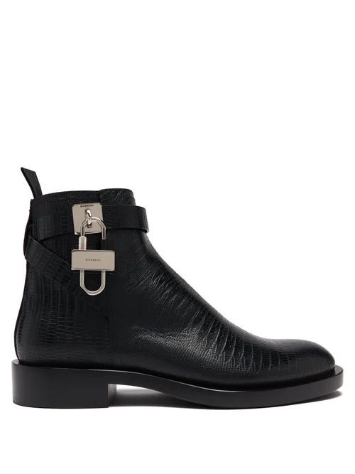 Lock-embellished Lizard-effect Leather Ankle Boots - Mens - Black