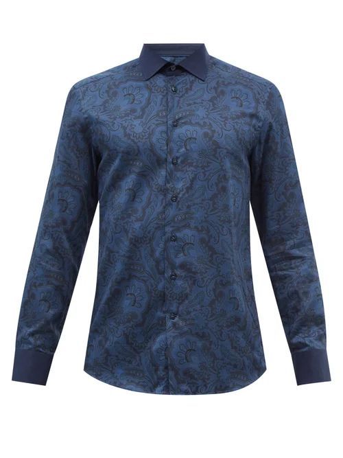 Linen-trimmed Floral-print Cotton-poplin Shirt - Mens - Dark Blue