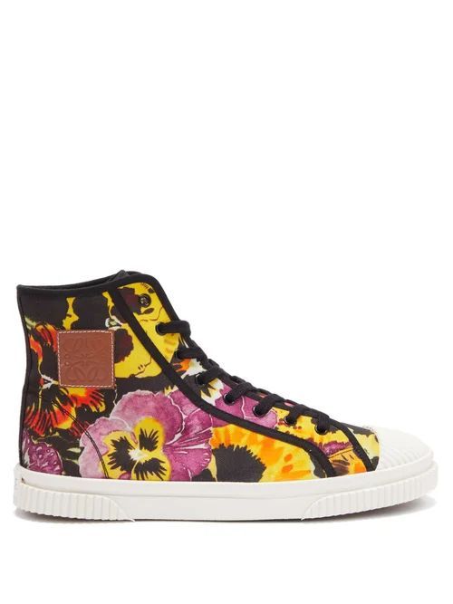 Pansy-print Cotton-canvas High-top Trainers - Mens - Multi
