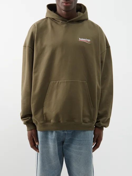 Logo-embroidered Cotton-jersey Oversized Hoodie - Mens - Khaki