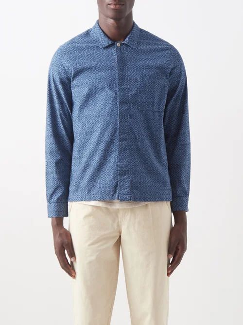 Patch Geometric-print Cotton-canvas Shirt - Mens - Blue