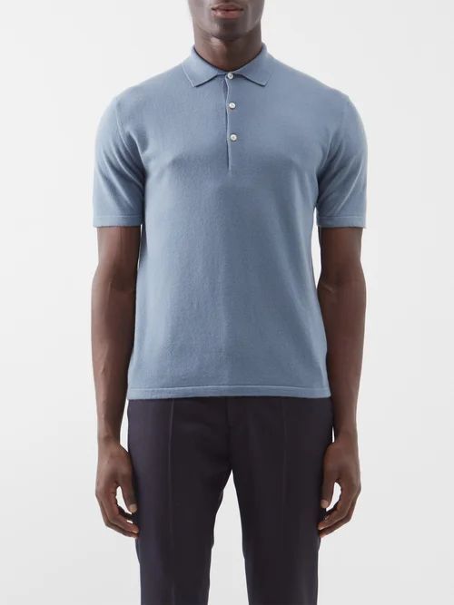Mr Rochester Knitted-cashmere Polo Shirt - Mens - Blue