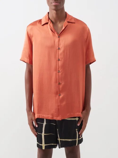 Otto Cuban-collar Silk-satin Shirt - Mens - Orange
