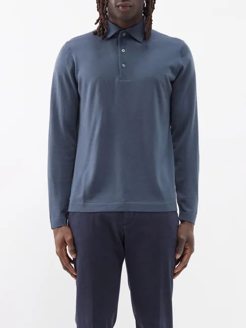 Long-sleeved Merino-wool Polo Shirt - Mens - Blue
