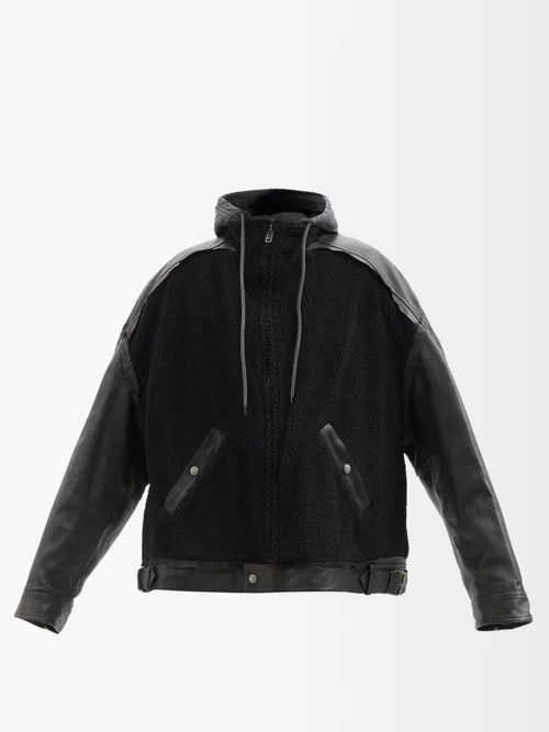 Paris-logo Hooded Shearling And Leather Jacket - Mens - Black