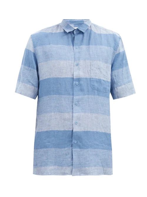 Sunspel - Short-sleeved Checked Linen Shirt - Mens - Blue Multi