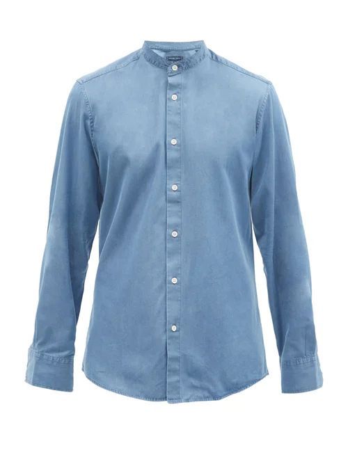 Stand-collar Cotton-blend Chambray Shirt - Mens - Blue