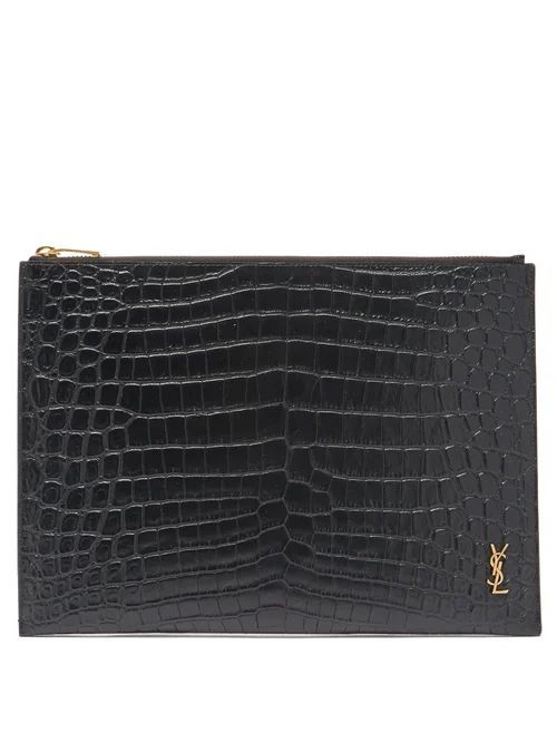 Saint Laurent - Ysl-plaque Croc-effect Leather I-pad Pouch - Mens - Black