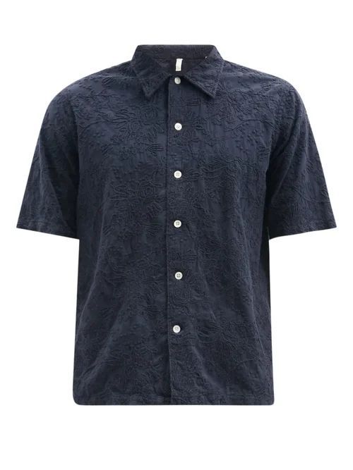 Sunflower - Space Floral-embroidered Cotton-poplin Shirt - Mens - Navy