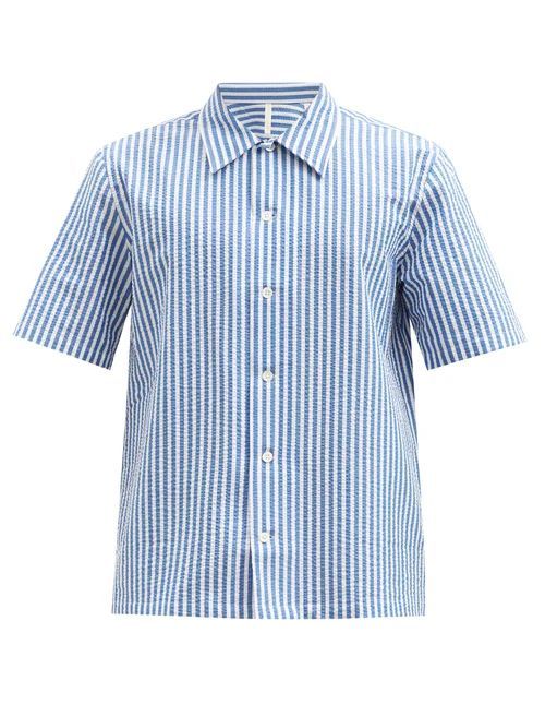 Sunflower - Space Striped Cotton-seersucker Shirt - Mens - Blue Multi
