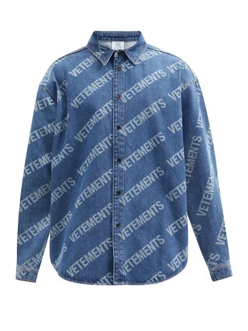 Vetements - Logo-print Denim Shirt - Mens - Blue