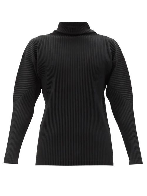 Technical-pleated Knit Long-sleeve T-shirt - Mens - Black