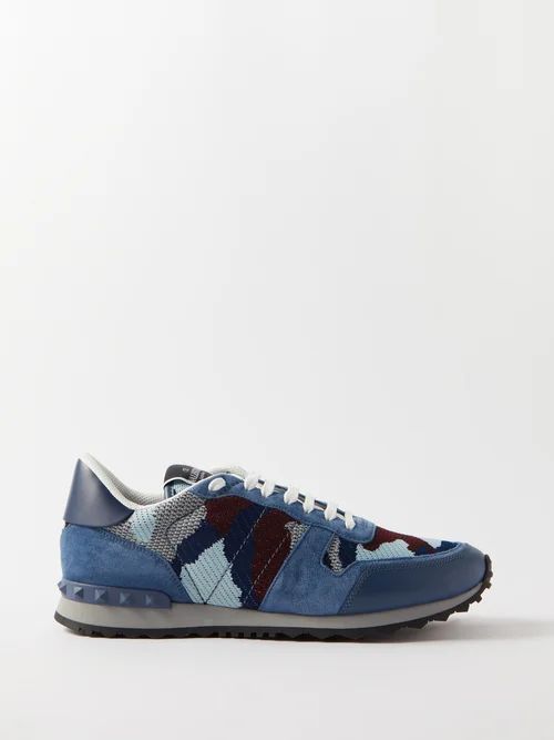 Rockrunner Camouflage-jacquard Leather Trainers - Mens - Blue Multi