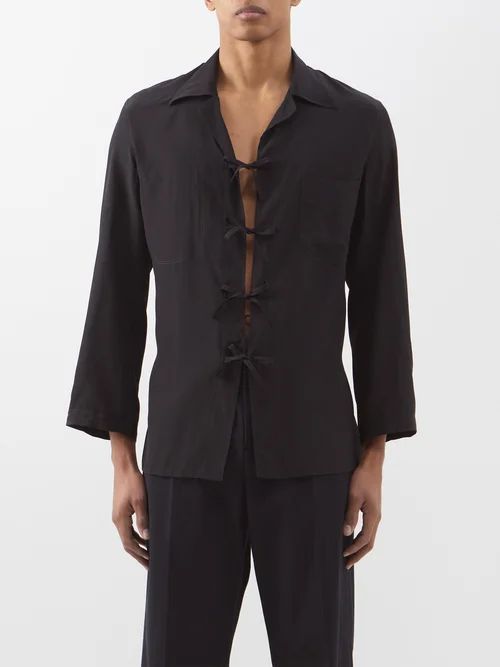 Tie-front Silk Crepe De Chine Shirt - Mens - Black