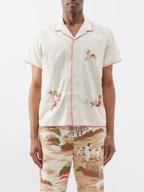 Village Narrative Embroidered Linen Shirt - Mens - White Multi
