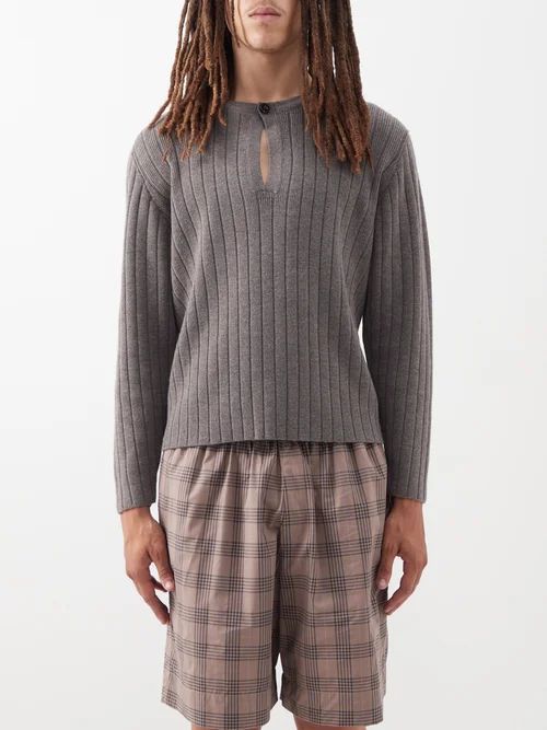 Split-neck Merino-wool Sweater - Mens - Grey