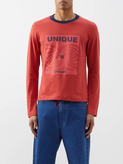 Unique-print Organic-cotton Long-sleeved T-shirt - Mens - Red