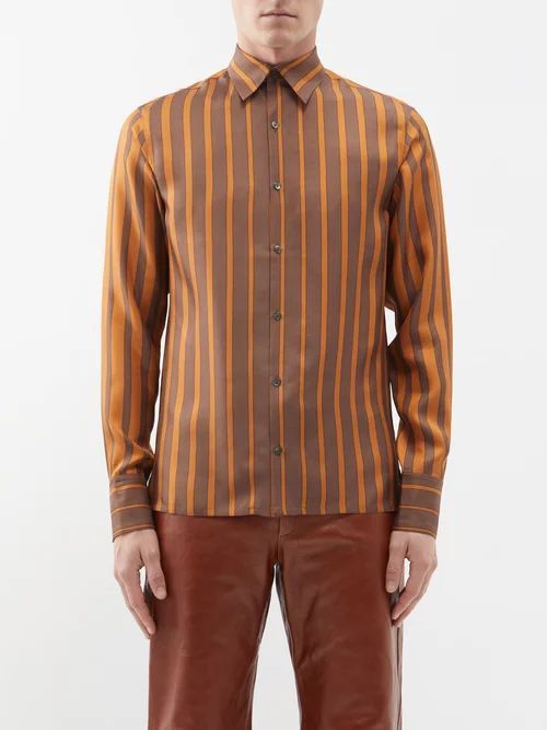 Stripe-jacquard Silk Shirt - Mens - Brown Multi