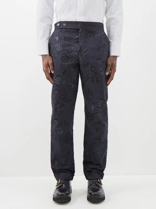 Samuel Floral-embroidered Cotton-twill Trousers - Mens - Navy