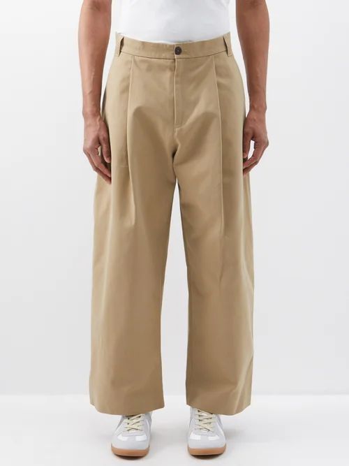 Sorte Pleated Cotton-twill Wide-leg Trousers - Mens - Tan